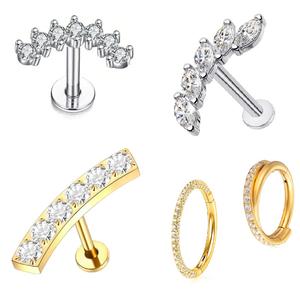 Pendiente de Oreja Youkeen Piercing al por Mayor, Calibre 16, con Circonita Marquise en Forma de Hoja, Plateado en Plata, de Titanio, ASTM F136, Plano, para Boda - Product Image 1