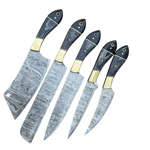 Damascus Steel Kitchen <b>Knife</b> <b>Set</b> 5-Piece Wood Handle Straight Back Bevel Edge Chef <b>Knives</b> - Product Image 2