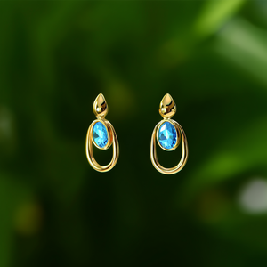 Fashion Drop <b>Earrings</b> PVD Gold Plated 316L Stainless Steel Blue <b>Crystal</b> Oval <b>Studs</b> Statement Jewelry - Product Image 3