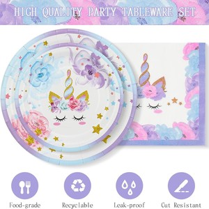Platos desechables para fiesta de cumpleaños con tema de unicornio púrpura, vasos de papel, toallas de papel, manteles, otra decoración de fiesta - Product Image 3