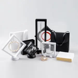 Luxe Op Maat Gemaakte Logo Papieren Verpakking Harde Hoesjes 3d Plastic Floating Frame Membraan Display Cadeau Pe Film Juwelendoos