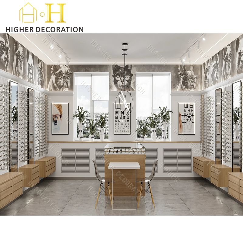 Modest Optical Displays Layout Optical Shop Design Wall Mounted Optical Display Rack Glass Wood ...