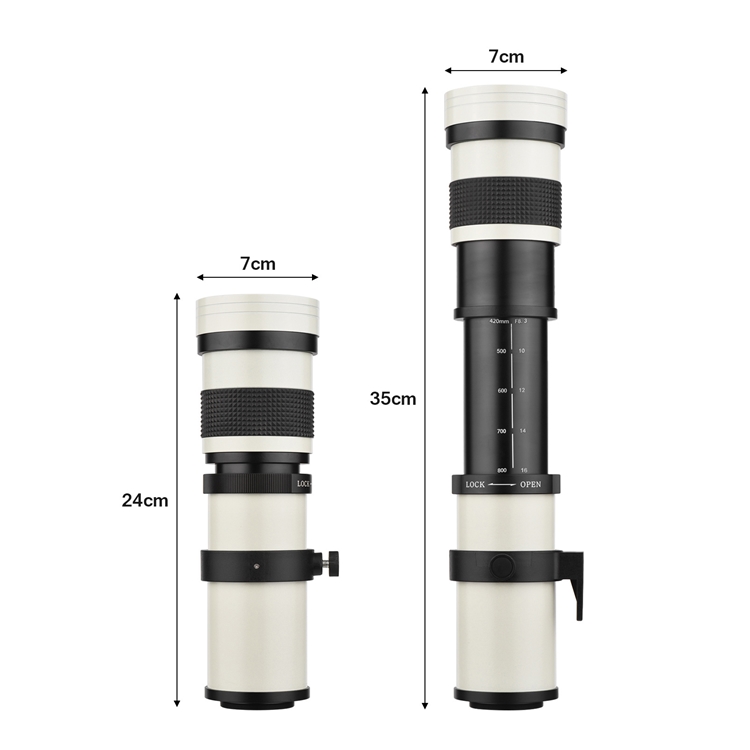 ホワイトMF超望遠ズームレンズF/8.3-16 420-800mmT2マウント、Canon