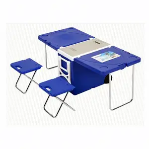 שולחן כיסא Cooler תיבת עם משולב מתקפל מנגל קמפינג פיקניק שולחן כיסא סט קרח חזה Cooler תיבת עם גלגלים