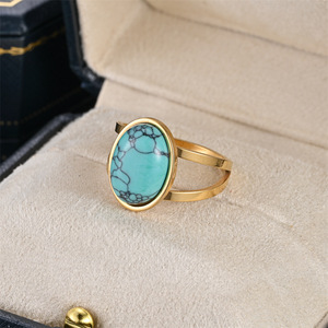 Anelli Regolabili in Acciaio Inossidabile Placcato Oro 18K con Pietre Ovali di Turchese, Quarzo, Giada e Occhio di Tigre per Uomo e Donna - Product Image 4