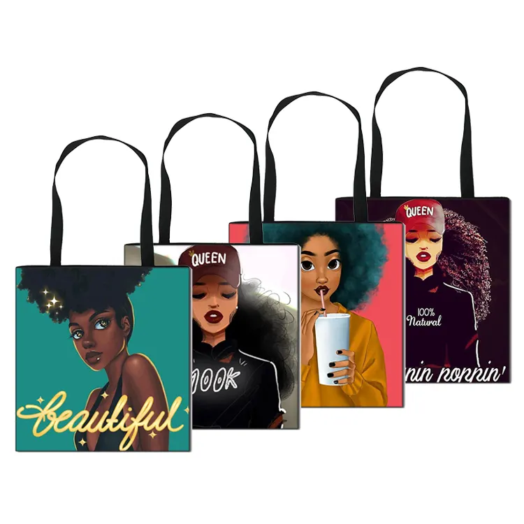 Oem custom black art afro lady women girl canvas shoulder african Girls simple style ladies girls shoulder tote bag women