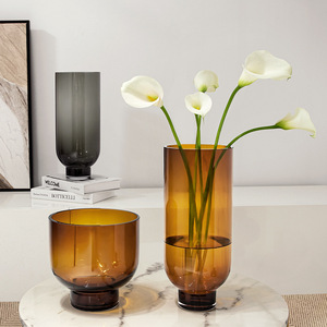 Vase en verre transparent de style côtier avec tube droit, arrangement simple haut de gamme marron pour salon ou hôtel - Product Image 2