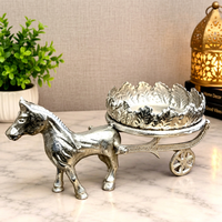 Bol décoratif en métal argenté antique en forme de chariot de cheval avec bordure feuillagée, centre de table et plat de rangement - Ali Handicrafts