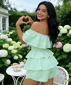 จั๊มสูทสีเขียวอ่อนแต่งระบายช่วงไหล่สำหรับผู้หญิง |   ดีไซน์ทรงหวานสำหรับสาวพลัสไซส์ |   กางเกงวันพีซแห้งเร็วสำหรับฤดูร้อน รุ่น Garden - Product Image 6