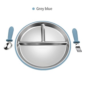 Customized Baby Food Grade Plate Set Includes 304 Steel Plate and Silicone Gripped Fork Spoon for Self Feeding - Product Image 1
