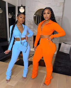 Liu Ming baru pakaian musim dingin wanita trendi kasual jaket ritsleting Hoodie lengan panjang dan celana bertumpuk 2 potong - Product Image 3