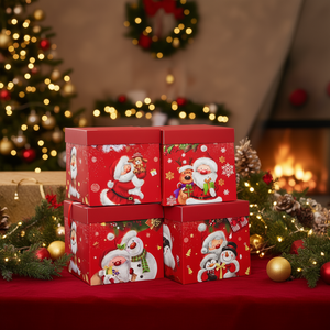 Scatola Quadrata Natalizia 15x15x15cm Rossa con Babbo Natale e Pupazzo di Neve, Confezione Regalo, Decorazione Festiva - Product Image 3
