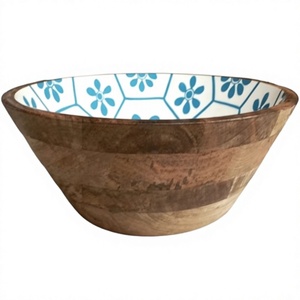 Bol en bois émaillé fait main, écologique et durable, tendance du moment, avec intérieur émaillé bleu floral, idéal pour les salades et les fêtes - Product Image 1