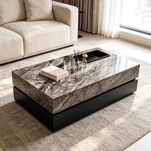 Glossy Grey Vein Sintered Stone Rectangle Coffee <b>Table</b>, Low Profile Solid Base Center <b>Table</b> For Modern Minimalist Living Room Fu - Product Image 5