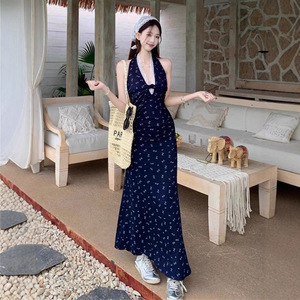 Blue Halter Neck Floral Print Fitted Waist Dress Women 2025 Summer Lace French Style Beach Vacation Vibe - Product Image 4