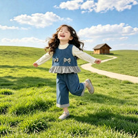 Ensemble 3 pièces pour filles : T-shirt à manches longues, débardeur en jean et pantalon large à carreaux – Tendance coréenne estivale pour enfants