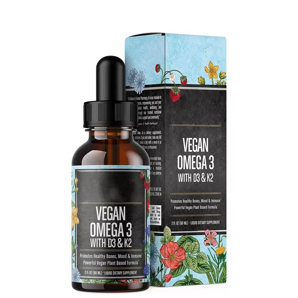 Etiqueta Privada vegana Omega 3, con vitamina D3 y K2, ácido graso, 60ml