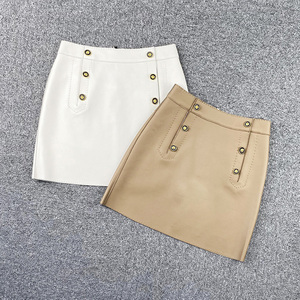 Jancoco Khaki <strong>White</strong> Solid Color High Waist Short Real Sheepskin Women <strong>Leather</strong> Mini <strong>Skirt</strong> - Product Image 2