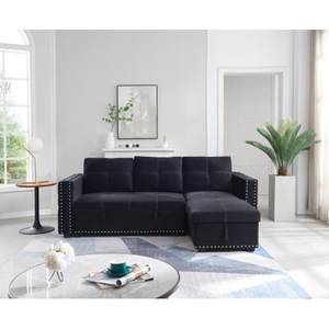 Sofá eccional con cama extraíble, sofá de <span class=keywords><strong>2</strong></span> asientos y chaise reversible con almacenamiento, ambas manos con clavo de cobre, BLCK - Product Image 3