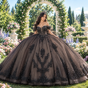 Robe de bal de Quinceañera de luxe en mousseline noire avec appliques de dentelle perlée, coupe naturelle, décolleté cœur, couleur champagne, sur commande - Product Image 1