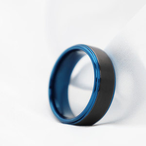 Tungsten Steel Ring Matte Black Blue <b>Brushed</b> Men's Wedding Band Geometric <b>Round</b> Design - Product Image 3