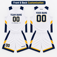 Ensemble de maillots de basket-ball personnalisés blanc, marine et jaune, col en V, blocs de couleur, sublimation, tenue d'équipe, vente en gros, uniforme personnalisé pour les États-Unis