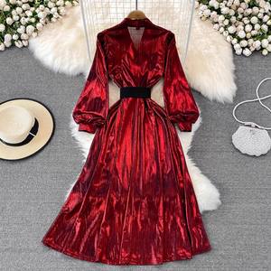 <span class=keywords><strong>M</strong></span>-2XL春季复古a线大摆长裙高腰灯笼袖连衣裙v领金属连衣裙 - Product Image 6