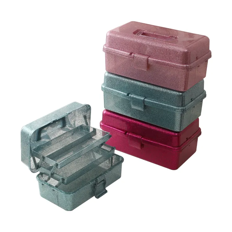 Nuovo Design grande capacità a 3 strati Multi-funzione scatola di immagazzinaggio di articoli vari Glitter plastica pieghevole scatole di plastica colorata