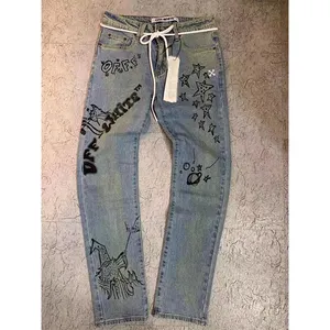 Hete Verkoop Mannen Jongen Nieuwe Design Print Patch Denim Jeans Gescheurde Broek High Street Hip Hot Mannen Jeans