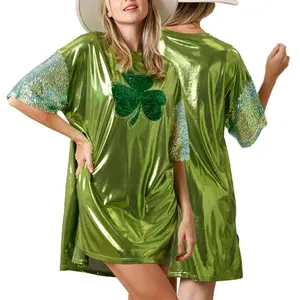 WINGTU Robe chemise à paillettes brillantes métallisées en feuille verte d'été avec logo personnalisé pour femmes