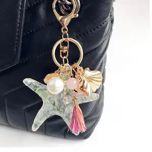 New Sea World Starfish Pearl Shell Key Chain Cartoon Key Ring Crystal Tassel Pendant Keychain Girl Women Gift Trendy Jewelry