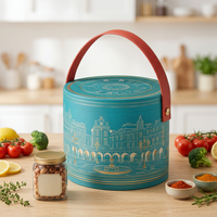 Boîte cadeau cylindrique de style européen haut de gamme en papier spécial cyan avec logo personnalisé, fabriquée à la main, avec poignée en cuir, pour aliments et noix