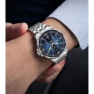 Montre mécanique automatique pour hommes, calendrier des phases lunaires, cadran analogique en cristal, montre-bracelet en acier inoxydable, résistante à l'eau 3BAR - Product Image 6
