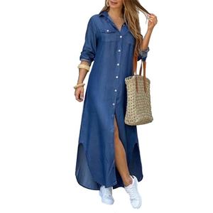 Robe de soirée d'été à fente avec bouton et lettre d'impression pour femmes, élégante et moderne, robe longue à manches longues - Product Image 1