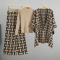 Ensemble de chandails décontractés pour femmes d'hiver, motif géométrique, design de châle haut de gamme, nouveau pantalon tricoté tendance, ensemble trois pièces