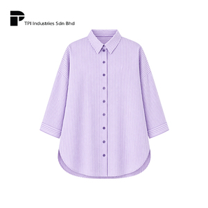 Blusa Oversize con Rayas Moradas, Fabricada en Malasia, Tela Seersucker, Hombros Caídos, Corte Holgado, Top Modesto, Manga Larga, Camisa para Mujer - Product Image 1