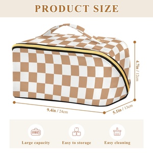 Fashion Brown White Checkered Design Golden Zipper Portable Makeup <b>Bag</b> Custom Logo <b>Travel</b> Cosmetic <b>Bag</b> for Women - Product Image 3