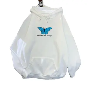 Loose Clothing Plus Fleece Hooded Sweater 2024 New Single Butterfly Autumn and Winter Women Casual Polyester Printed Knitted