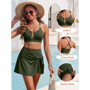 FOXA Womens Bikini Set Two Piece High Waisted Swimwear With Skirt <b>Tummy</b> <b>Control</b> Plunge Neck Cut Out 2026 Beach Swim Suit - Product Image 6