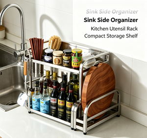 Étagère de rangement de cuisine en acier inoxydable à 2 niveaux, organiseur de condiments, support pour bouteilles et bocaux avec repose-baguettes et cuillères - Product Image 4