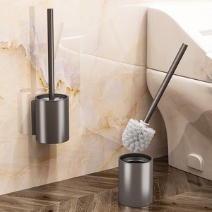 Soporte para escobilla de baño, montado en la pared, color gris, resistente al óxido, diseño minimalista para limpieza del baño - Product Image 1
