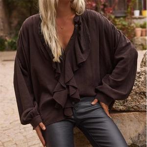 Nuevo Diseño, Precio Bajo, Blusas de Otoño para Mujer, Casuales, Simples, de Manga Larga, Cuello en V, con Volantes, de Lino y Algodón, OOTD - Product Image 2