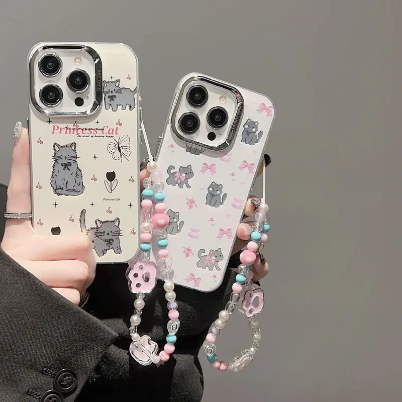 Funda de teléfono de mujer con cordón hermoso estampado de gato plateado de color personalizado para iPhone 11 12 13 14 15