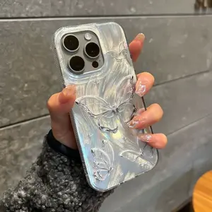 3Dバタフライ女性の女の子かわいいキラキラキラキラ輝く高級電話カバーiPhone15耐衝撃性スリム電話ケースiPhone15 ProMax