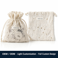 Pochette en dentelle brodée ivoire style français OEM ODM avec cordon de serrage, maille ajourée, transparente, pour cosmétiques, vente en gros, fabricant, logo personnalisé