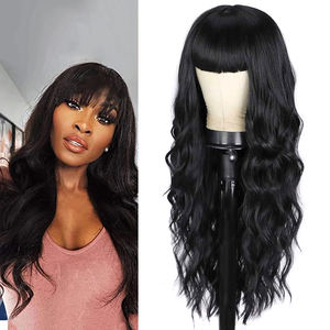 باروكة سوداء مع غرة أمامية بطول 28 بوصة، شعر مستعار طويل ومموج للنساء، مظهر طبيعي، مقاوم للحرارة، باروكة صناعية للنساء والفتيات - Product Image 1