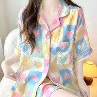 Cárdigan de verano con nubes de amor para mujer, pantalones cortos, pijama de algodón inspirado en satén, cierre de cintura elástica para estudiantes, celebridades de Internet