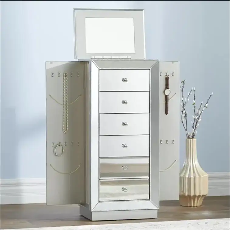 Modern Silver Wood 6 drawers Mirrored Jewelry Armoire with Mirror