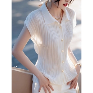 Blusa Elegante de Verano para Mujer, Blanca, con Solapa, Manga Corta, Estilo Moderno - Product Image 3