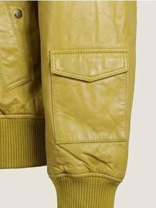 Chaqueta Bomber de Cuero Genuino Amarillo Limón para Mujer, con Cierre de Cremallera, Diseño Ligero - Product Image 3